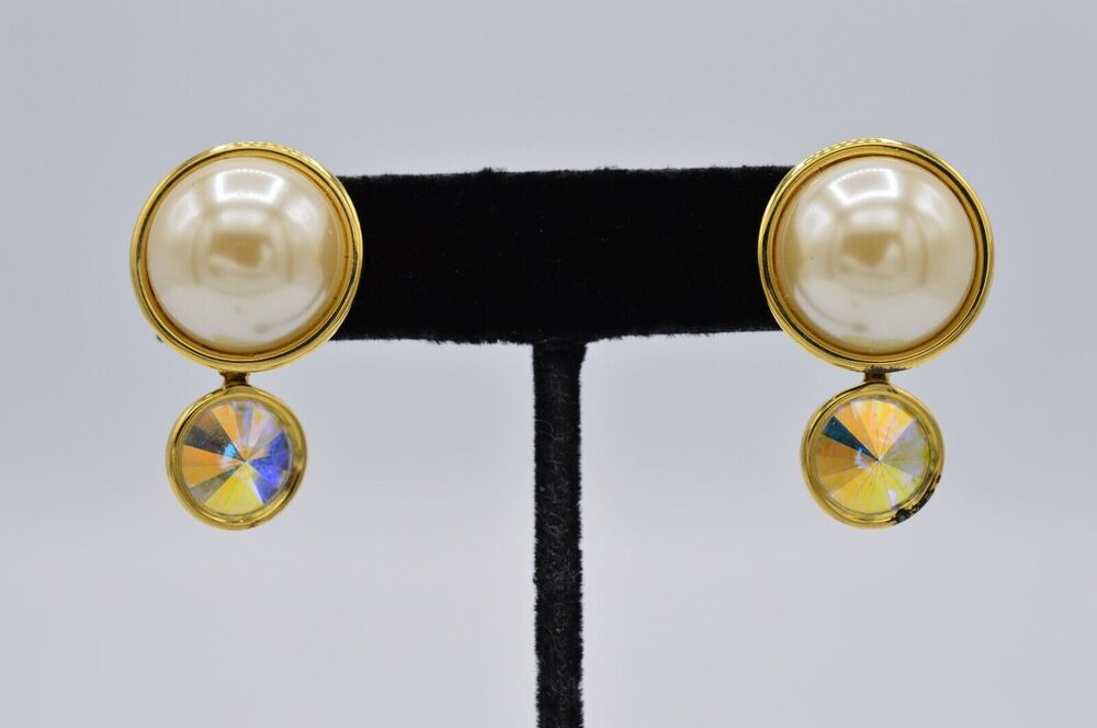 Vintage Aurora Borealis Drop Earrings Pearl Crystal Gold Statement Chunky 9E